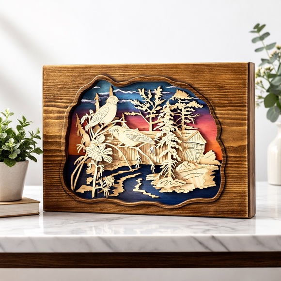Other - Layered Wood Shadow Box Wall Art Birds Barn Landscape 16x11” Vintage